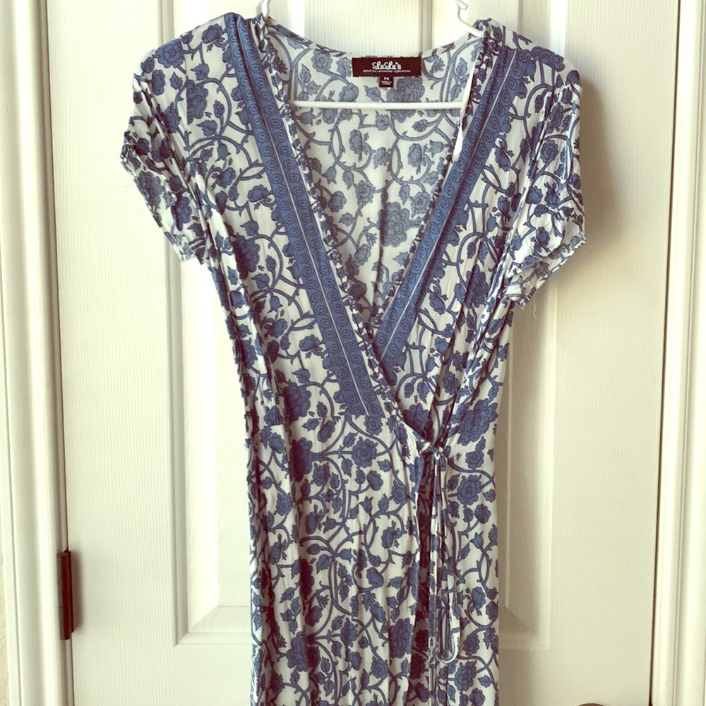 Blue and white flower pattern maxi wrap dress